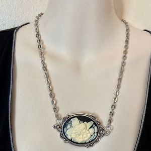 Vintage Black Cameo of an Angel and Infant 18in Silver Plated Pendant Necklace